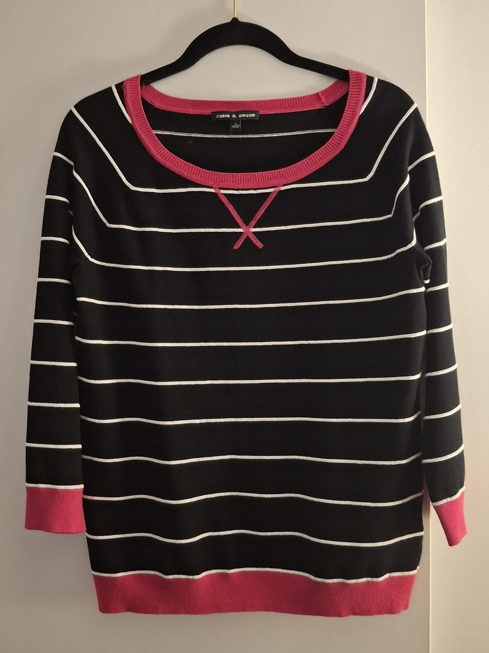 Cable & Gauge Women's Black Striped Sweater with Pink Trim